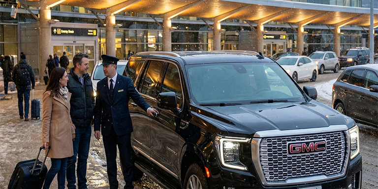 Premium black SUV for YEG Edmonton airport transfers at arrivals terminal