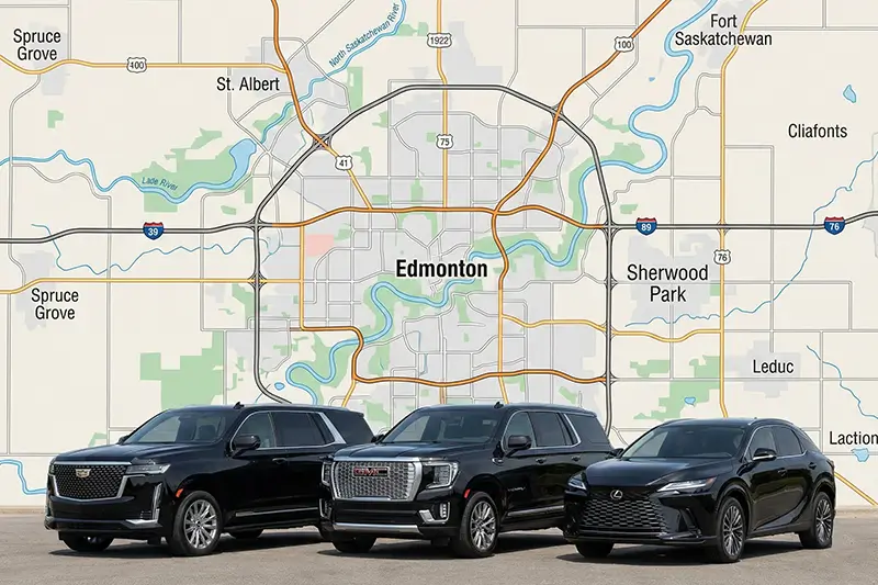 Executive black car and luxury SUV chauffeur service covering Greater Edmonton, Sherwood Park, St. Albert, and Leduc